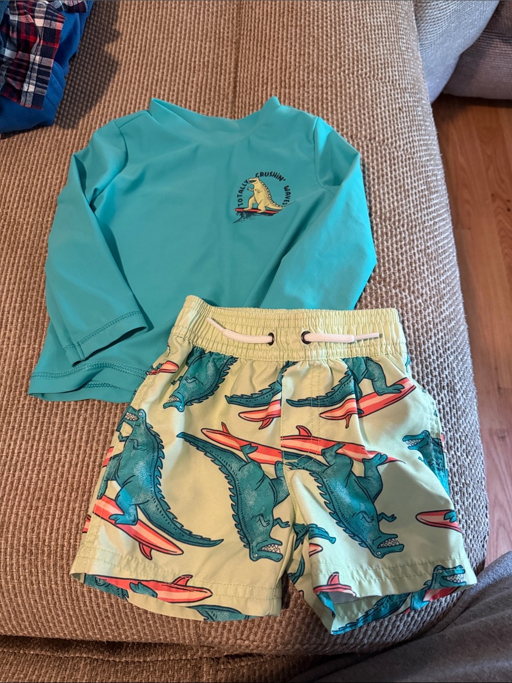 Carter's Teal Rash Guard with Green Crocodile Surf Swim Trunks